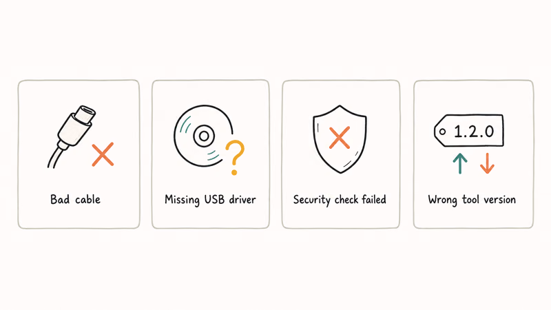 Four problem cards summarizing FRP bypass issues including missing driver USB cable check fail and version mismatch