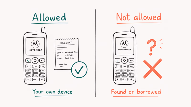 Two column panel comparing allowed FRP bypass on your own phone with proof versus not allowed on found