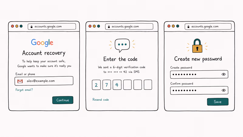 Three browser screens of Google account recovery showing email input verification code and new password setup