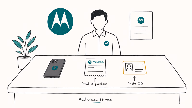 Authorized service center counter with technician Motorola phone and proof of purchase receipt visible on the desk