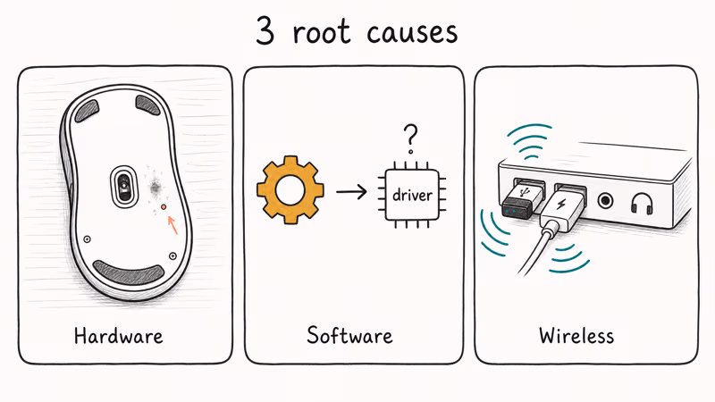 Three root causes of mouse cursor drift on Windows: dirty sensor, stale driver, wireless interference