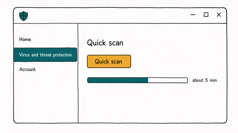 Windows Security Defender Quick Scan panel sketch with progress bar and five minute label