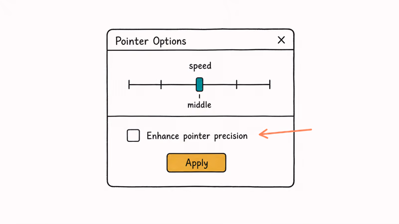 Windows Pointer Options dialog sketch with speed slider centered and Enhance Pointer Precision unchecked