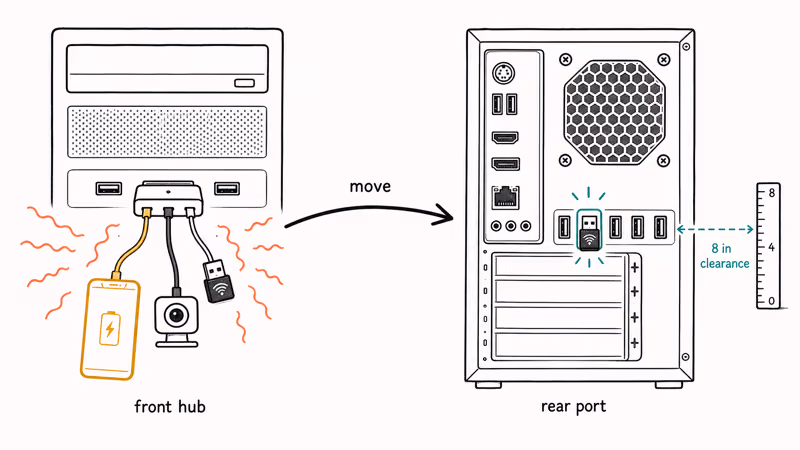 Wireless mouse dongle moved from crowded front USB hub to rear motherboard port with clearance