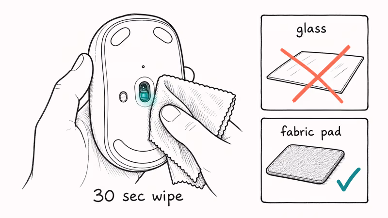 Hand wiping mouse optical sensor with microfiber cloth next to glass and fabric surface comparison