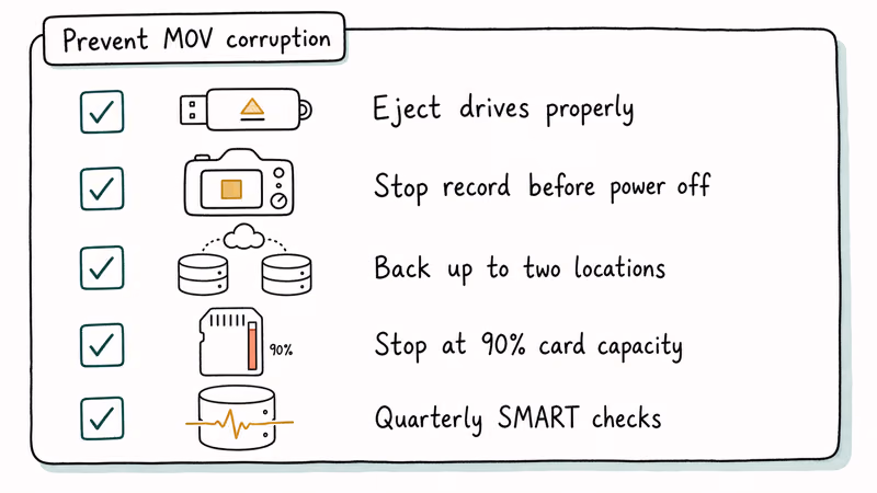 Hand-drawn checklist of five MOV corruption prevention habits with simple icons and labels