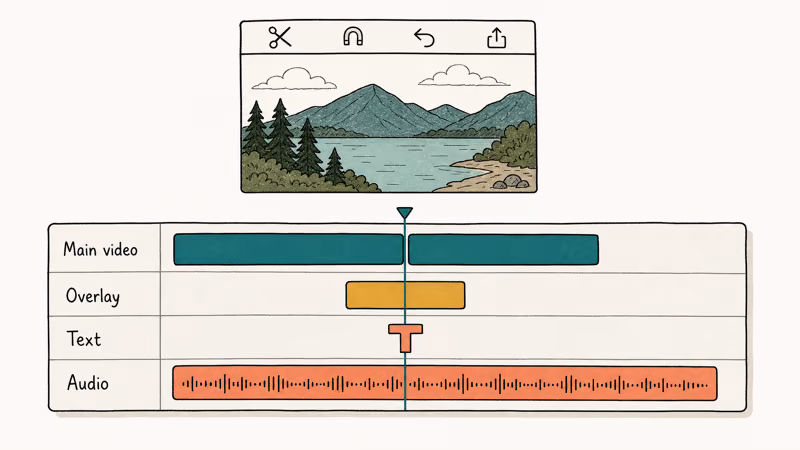 Hand-drawn Movavi timeline diagram showing main, overlay, text, and audio tracks with playhead.