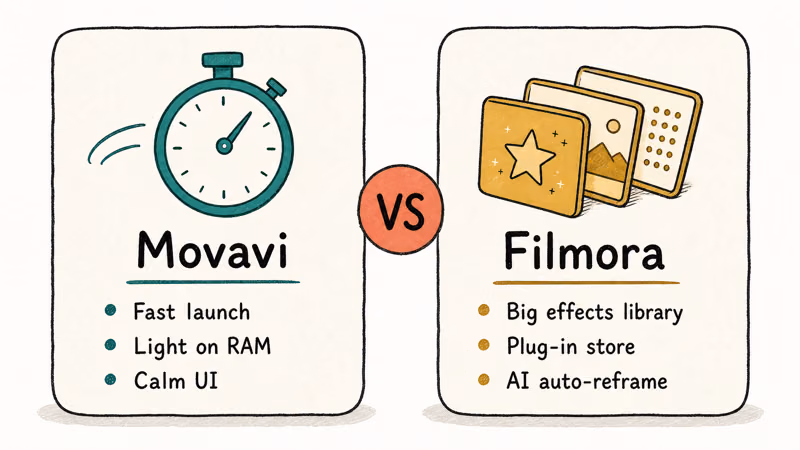 Side-by-side cards comparing Movavi speed and calm UI against Filmora effects library.