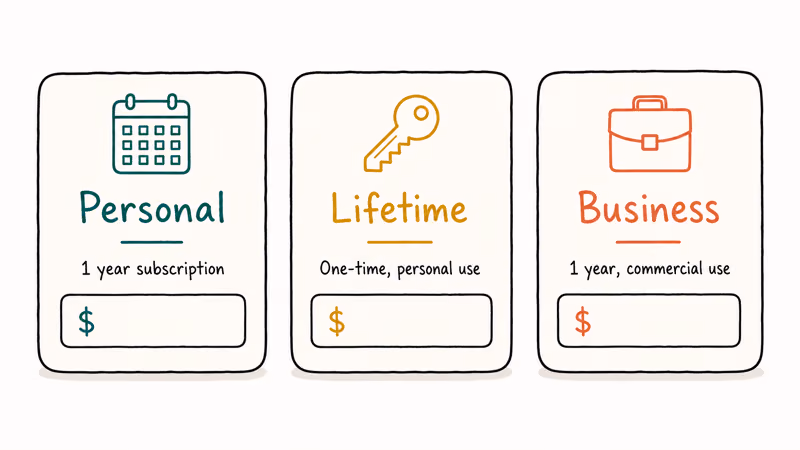 Three pricing cards comparing Movavi personal subscription, lifetime license, and business commercial tier.