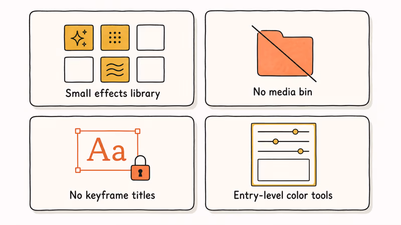 Four caution cards summarizing Movavi weak spots: effects library, media bin, titles, color tools.