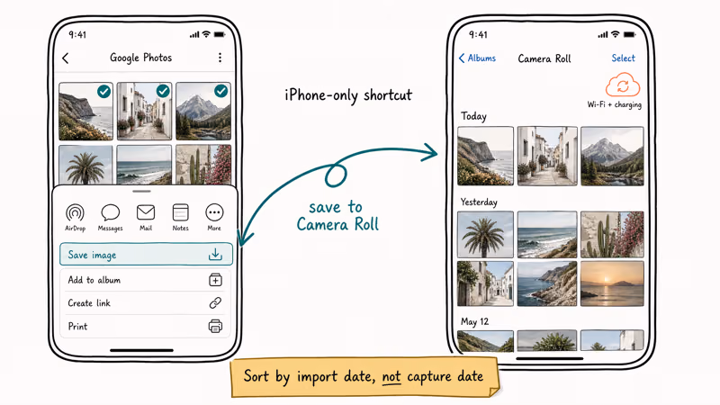 Two iPhones showing Google Photos saving selected images into Camera Roll for iCloud sync.