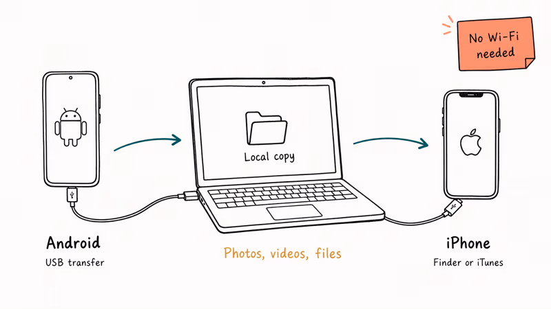 Three-stage USB transfer flow moving files from Android phone through laptop to iPhone without Wi-Fi.