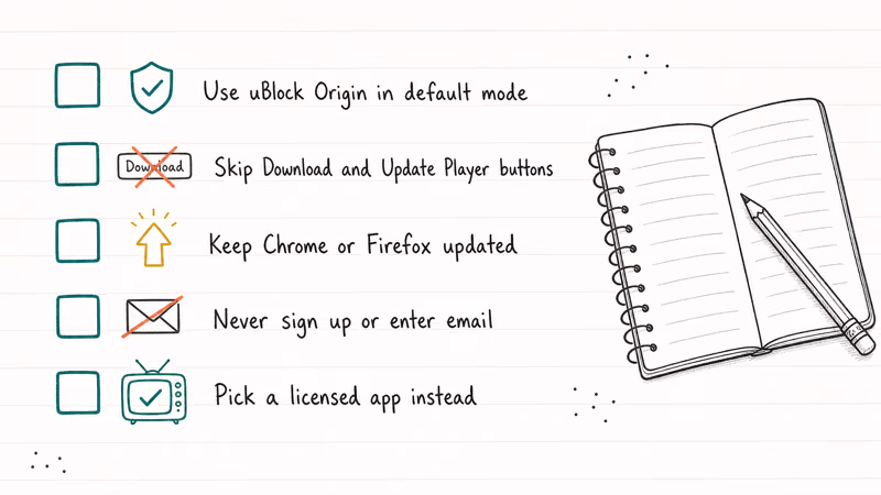 Checklist shows safer mirror browsing tips for blockers updates and signups.