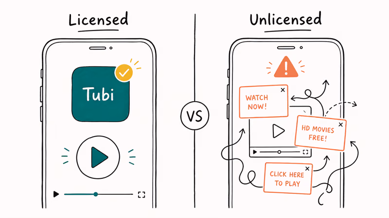 Licensed streaming phone contrasts with chaotic unlicensed piracy site.