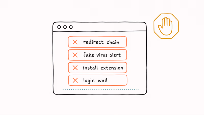 Browser warning badges show redirects fake alerts and extension install traps.