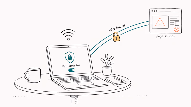 Laptop VPN tunnel protects Wi-Fi while page scripts remain risky.