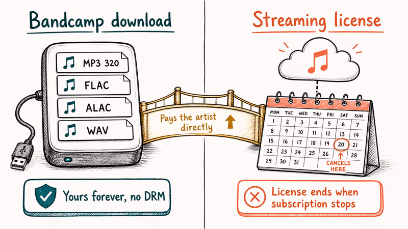 Bandcamp downloads stay on your drive while streaming licenses expire with subscription