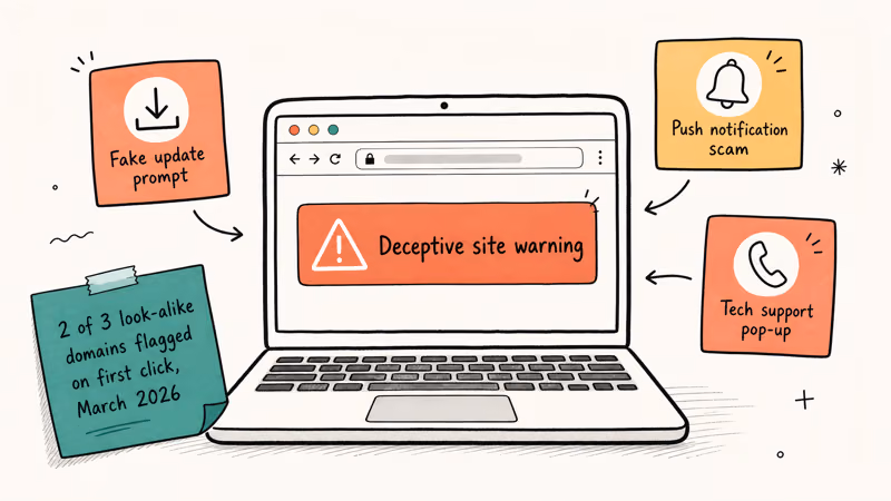 Browser warning blocks deceptive MP3 download sites that push fake update scams