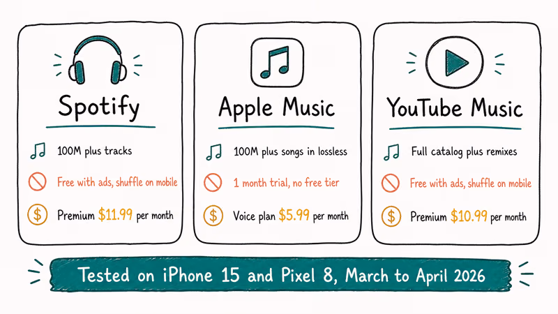 Spotify Apple Music and YouTube Music compared by catalog size price and free tier
