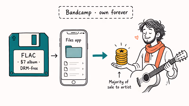 Hand-drawn Bandcamp scene showing a DRM-free FLAC download landing on phone with artist receiving payment.