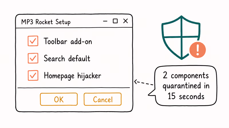 Hand-drawn old installer dialog with bundled adware checkboxes and Windows Defender shield flagging quarantined components.