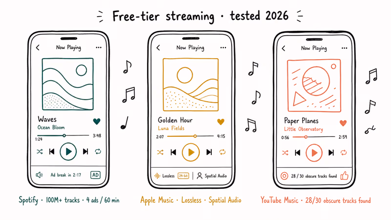 Three phones compare Spotify Apple Music and YouTube Music streaming tiers.