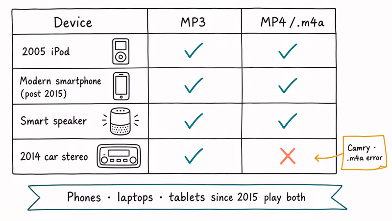 Compatibility grid shows audio and video playback across common devices.