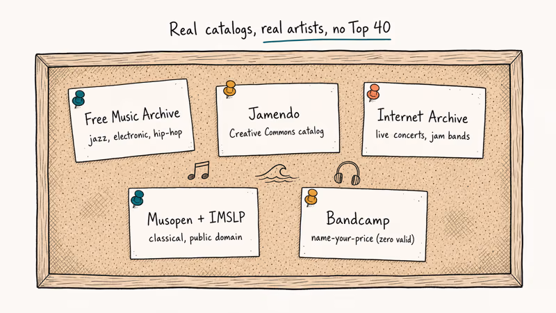 Hand drawn pinboard listing five free legal music sources with short descriptive labels