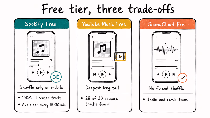 Three phone illustrations comparing Spotify Free YouTube Music Free and SoundCloud free tier features