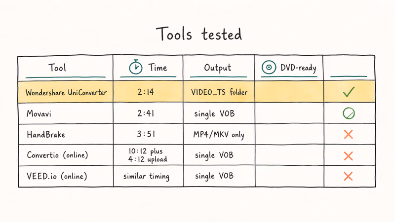 Hand-drawn comparison table ranking five MP4 to VOB converters by speed and DVD compliance