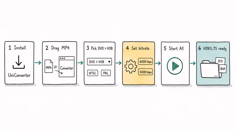 Hand-drawn six-step workflow for converting MP4 to VOB using Wondershare UniConverter