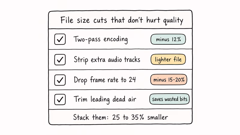 Hand-drawn checklist of four FFmpeg tweaks that shrink WebM file size without losing quality