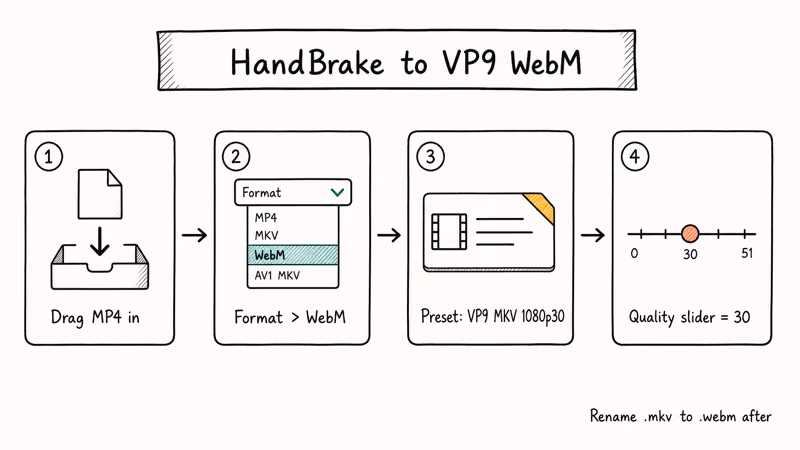 Hand-drawn four-step HandBrake flowchart from MP4 import to VP9 WebM output