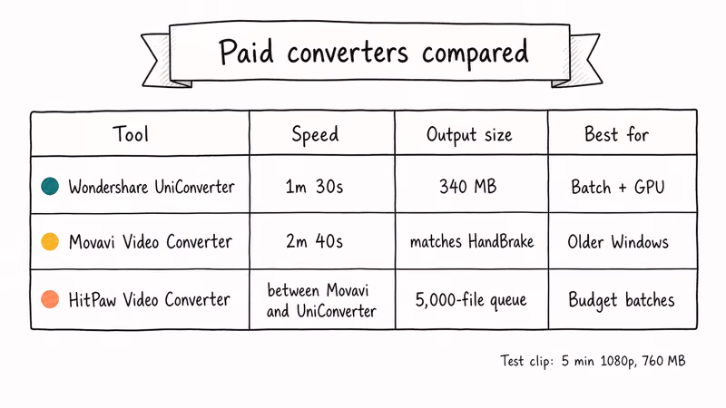 Hand-drawn comparison table ranking Wondershare Movavi and HitPaw on encode speed and output size
