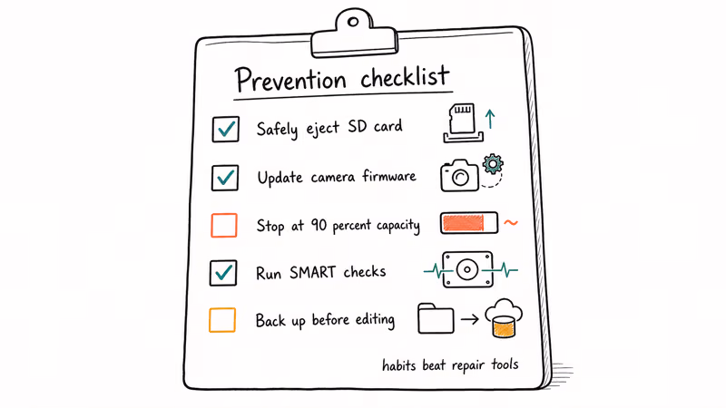 Checklist shows MP4 corruption prevention habits for ejecting backup and storage.