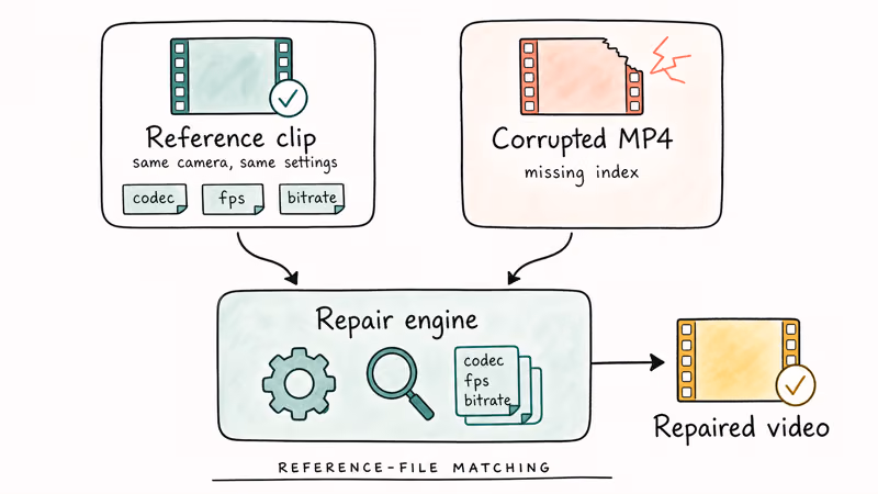 Reference clip and corrupted MP4 feed repair engine producing restored video.