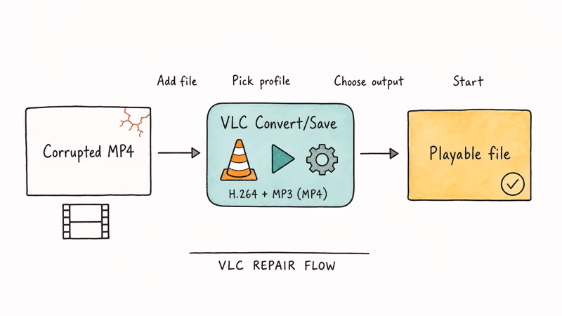 Three-step flowchart showing VLC Convert and Save transcoding a corrupted MP4 into a playable file.