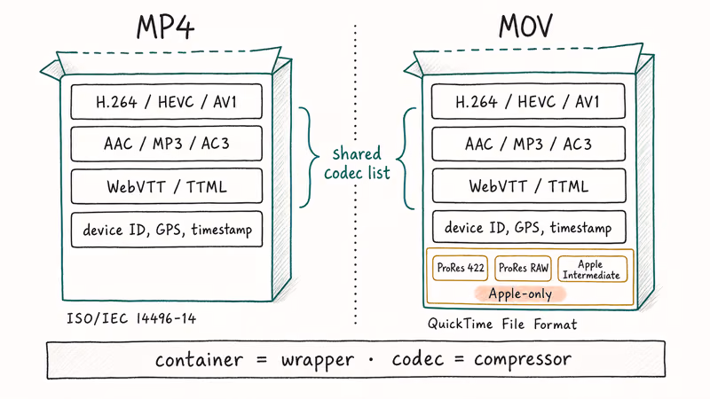 Diagram showing video containers as wrappers holding codecs like H.264 and ProRes inside