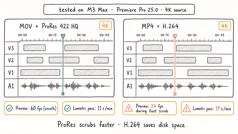 Comparison of editing scrub performance between MP4 H.264 and MOV ProRes at 4K resolution