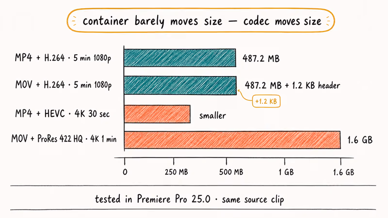 Bar chart compares MOV and MP4 sizes for compressed and master files.