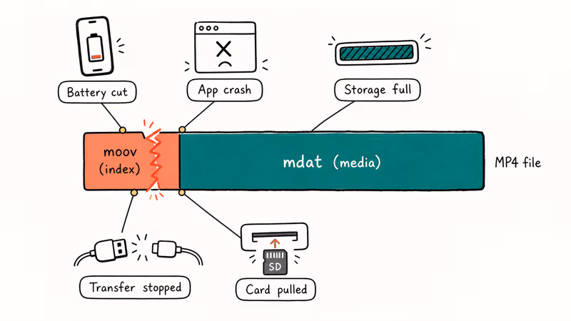 Diagram shows MP4 index data and five common corruption causes.