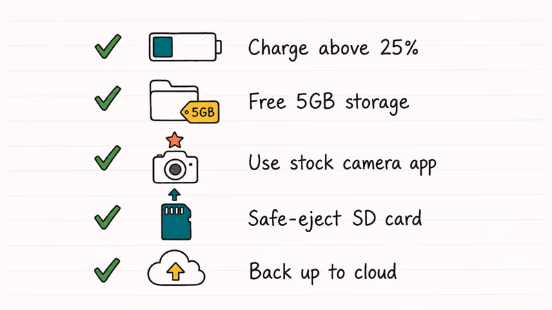 Checklist lists MP4 prevention habits for battery storage card and backup.