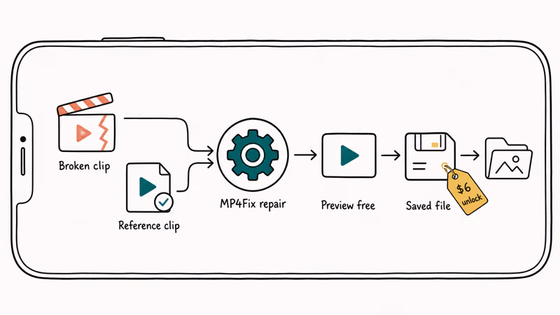 Workflow moves broken and reference clips through MP4Fix preview and save.