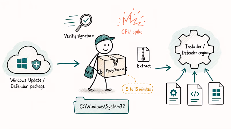 MPSigStub workflow verifies Windows update package before installer handoff.