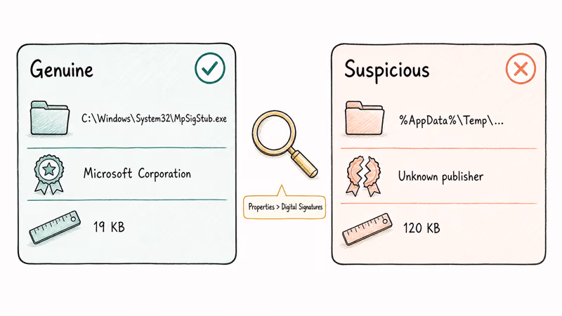 Genuine Microsoft signed MpSigStub contrasts with suspicious lookalike copy.