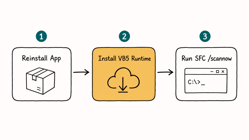 Three-step hand-drawn flow showing reinstall app then install VB5 runtime then run SFC scannow command