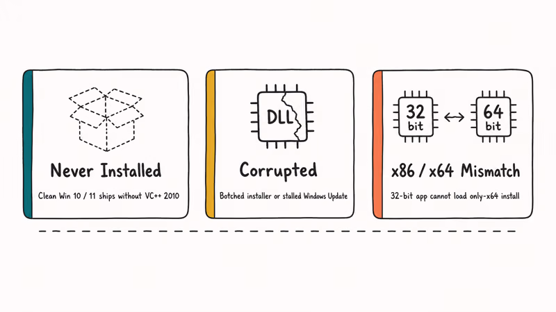 Cards show missing runtime corrupted file and architecture mismatch causes.