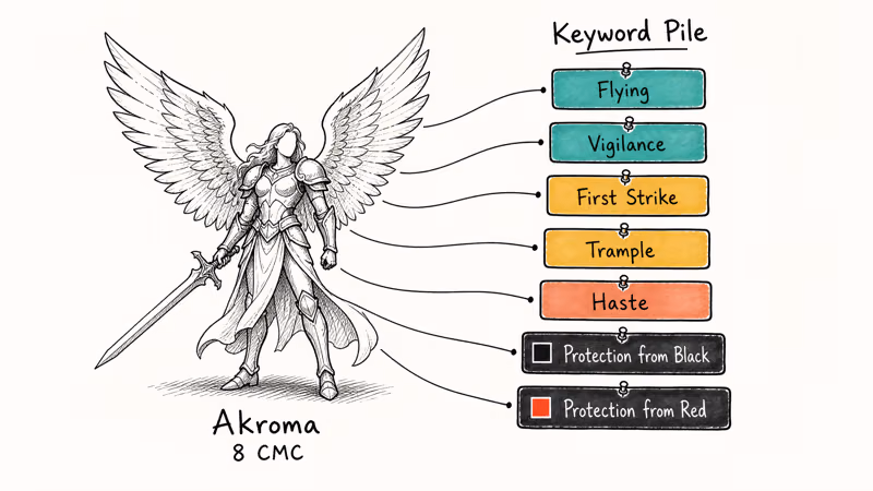 Akroma Angel of Wrath keyword stack listing flying vigilance first strike trample haste protections.