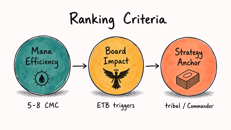 Three criteria circles ranking MTG angels by mana cost, board impact, and strategy fit.