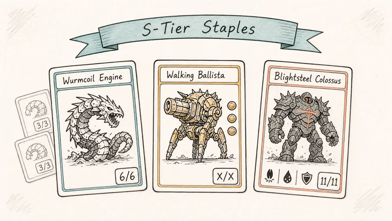 Top artifact creature cards line up beside Wurmcoil and Ballista.